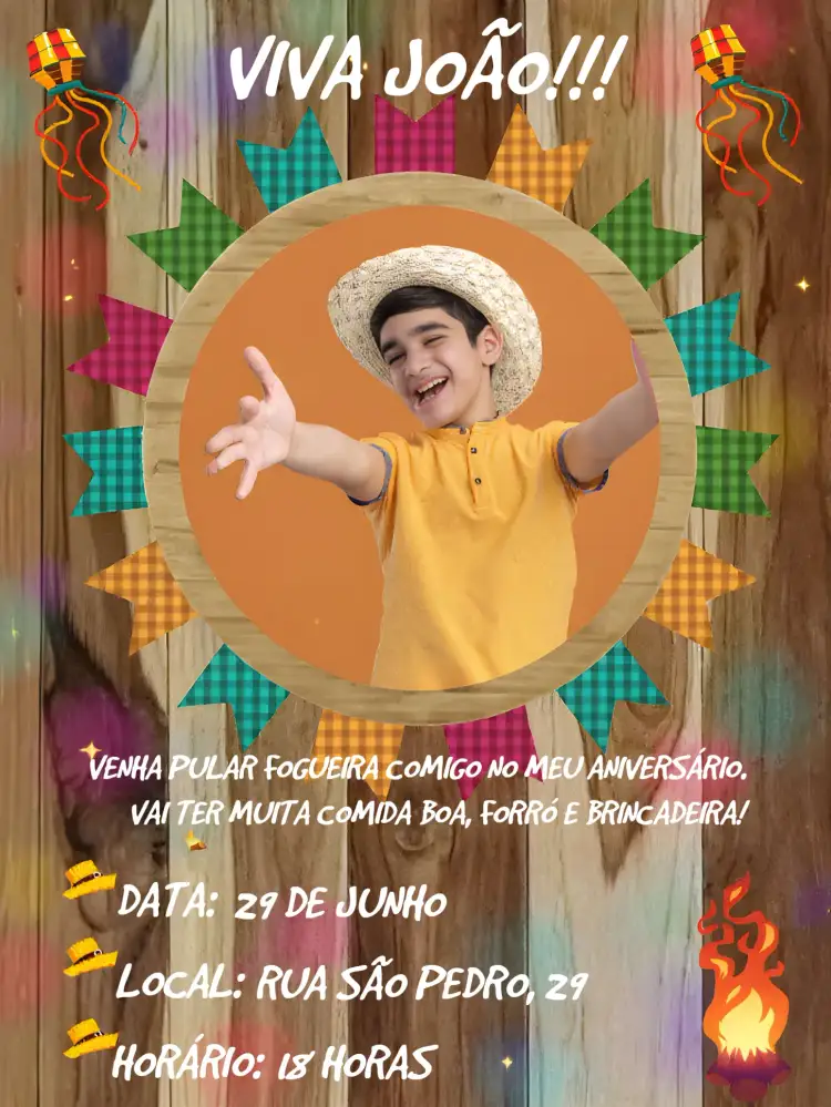 Convite Arraiá Com Foto Chápeu – tema Datas Comemorativas colorido, festivo, rústico, tradicional, vintage, alegre
