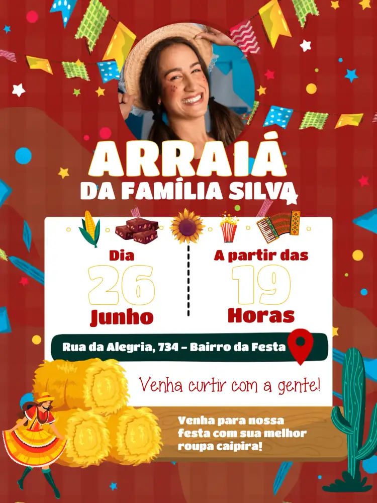 Convite Arraiá Com Foto São – tema Datas Comemorativas cores vibrantes, elementos gráficos juninos, estilo rústico, bandeirinhas coloridas, milho, design festivo