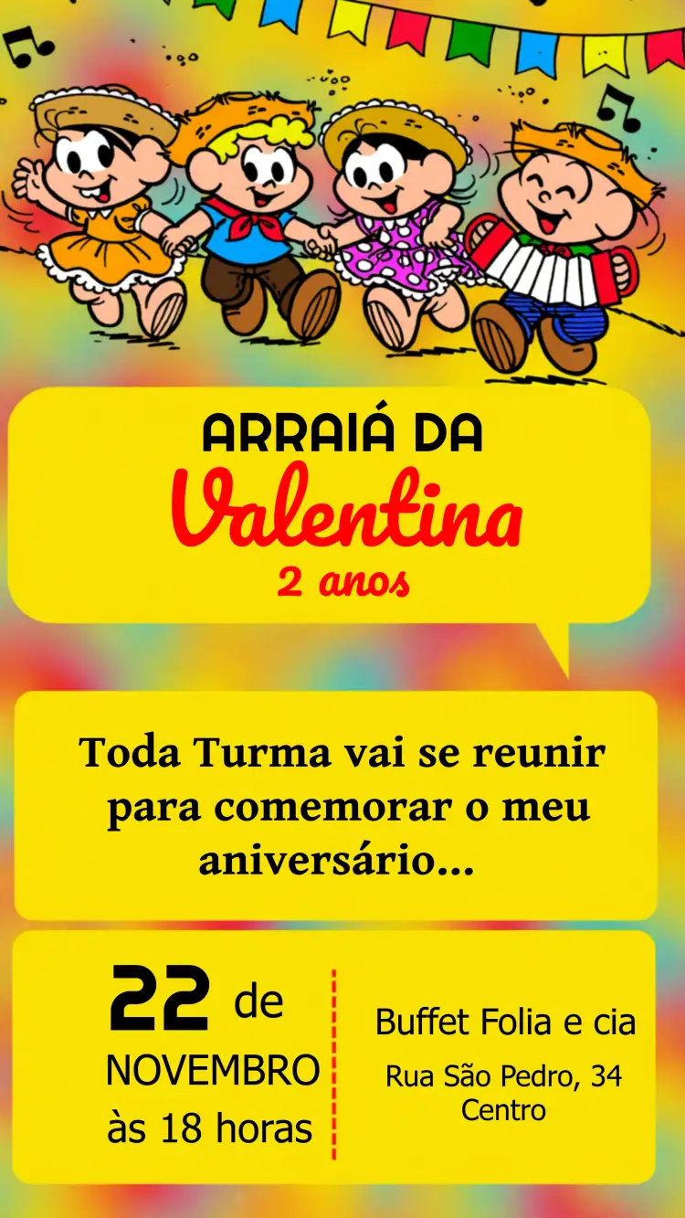 Convite Arraiá Da Turma Mônica Infantil editável e personalizável