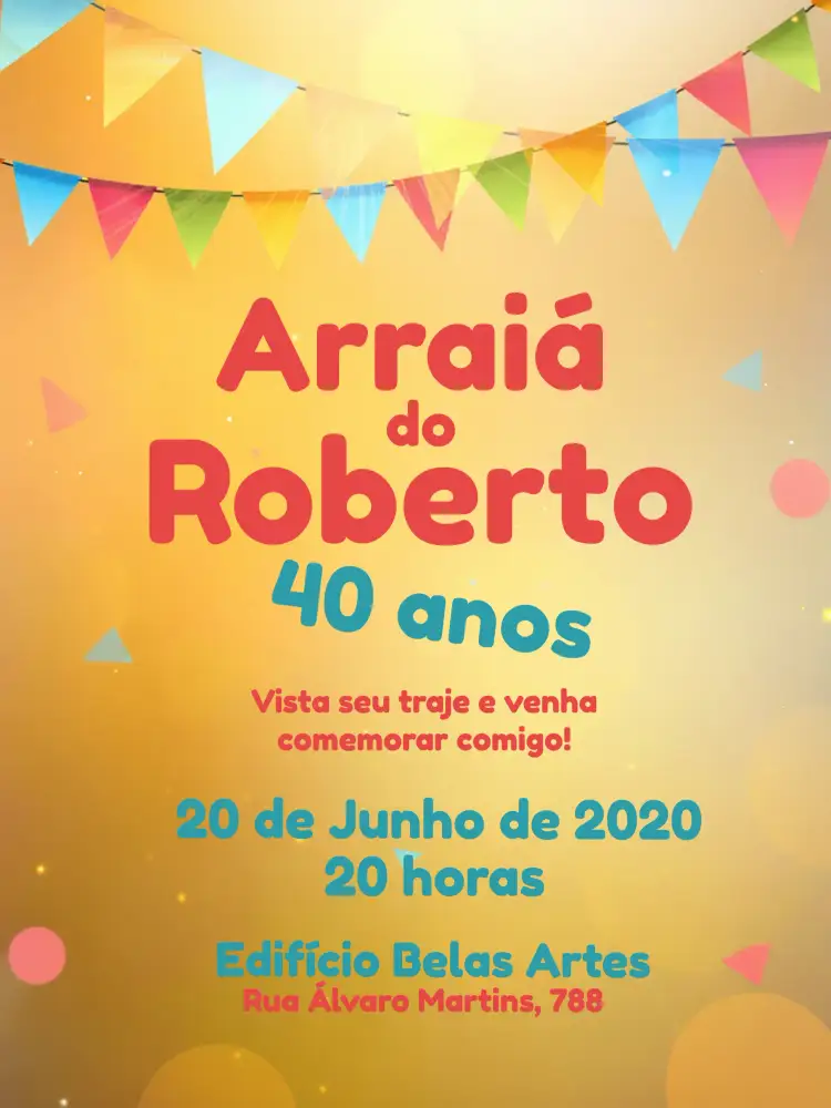 Convite Arraiá De Festa Junina Fogueira – tema Datas Comemorativas colorido, tradicional, rústico, vintage, festivo, caipira
