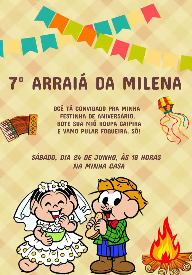 Convite Arraiá De São João Bege – tema Datas Comemorativas cores vibrantes, estilo rústico, elementos juninos, design divertido, estética colorida, inspiração festiva