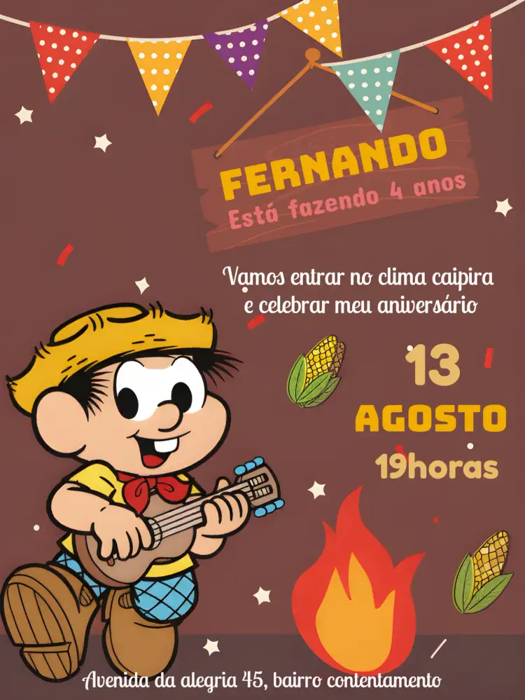 Convite Arraiá Do Chico Bento Festa – tema Aniversário Infantil colorido, junino, divertido, infantil, rústico