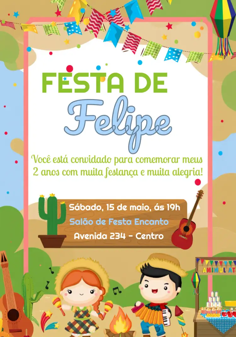 Convite Arraiá Festa Junina Amarelo – tema Datas Comemorativas vibrante, lúdico, colorido, temático, festivo