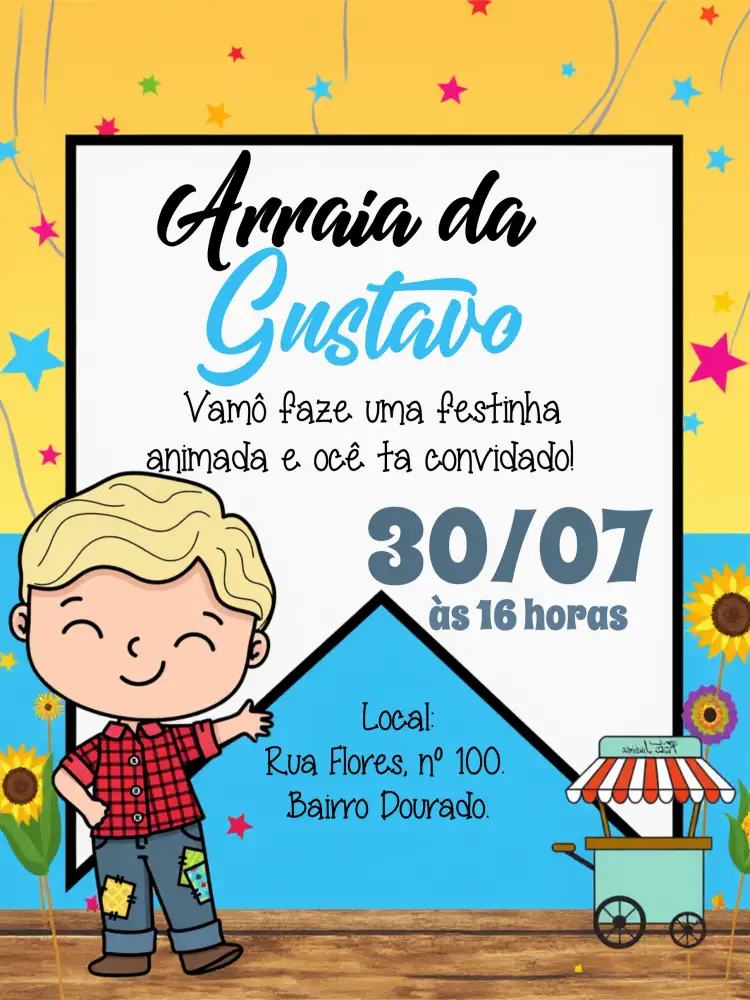 Convite Arraiá Festa Junina Branco – tema Datas Comemorativas colorido, festivo, rústico, tradicional, vibrante