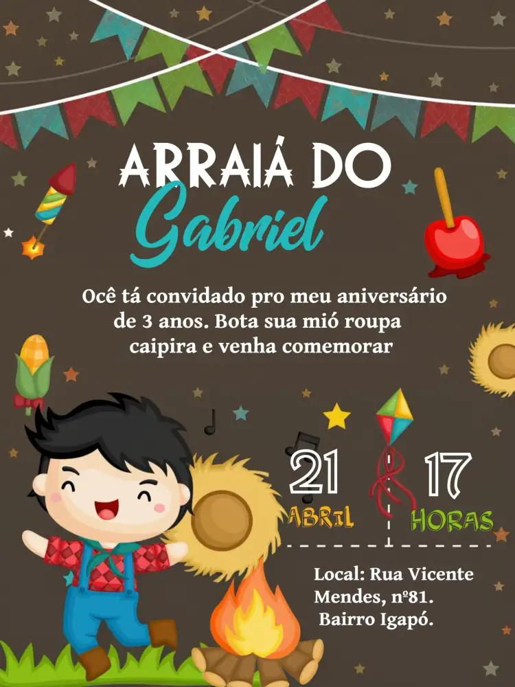 Convite Arraiá Festa Junina Cinza – tema Datas Comemorativas estrelado, modernos, colorido, festivo, elegante