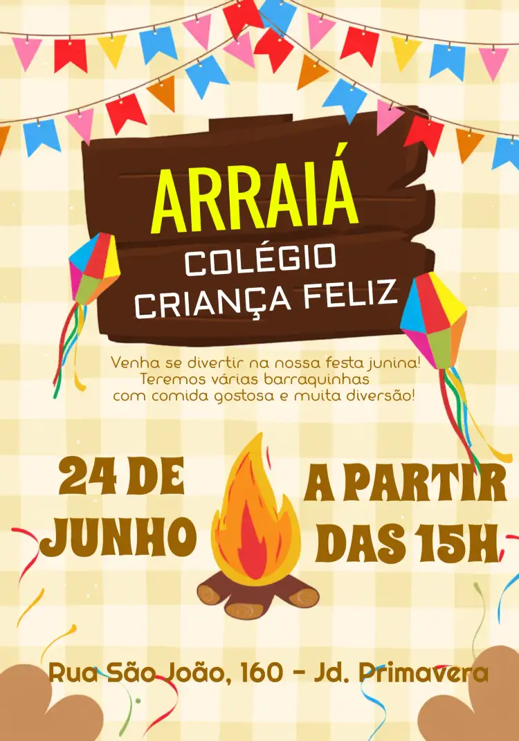Convite Arraiá Festa Junina Colégio João – tema Datas Comemorativas colorido, tradicional, rústico, divertido, festeiro