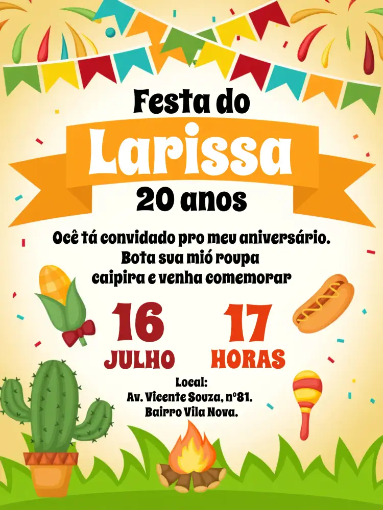 Convite Arraiá Festa Junina Colorido – tema Datas Comemorativas colorido, vibrante, tradicional, festivo, rústico