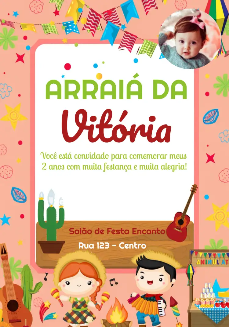 Convite Arraiá Festa Junina Com Foto Menina – tema Datas Comemorativas colorido, festivo, infantil, vintage, brincalhão
