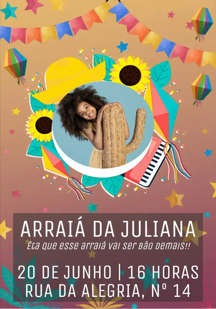 Convite Arraiá Festa Junina Com Foto Personalizado – tema Datas Comemorativas colorido, tradicional, festivo, vintage, rústico, divertido
