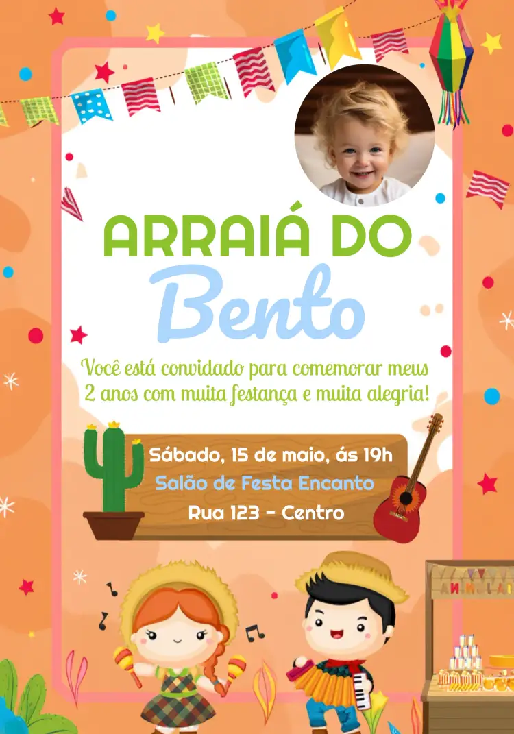 Convite Arraiá Festa Junina Com Foto Verde – tema Datas Comemorativas junino, colorido, festivo, lúdico, moderno
