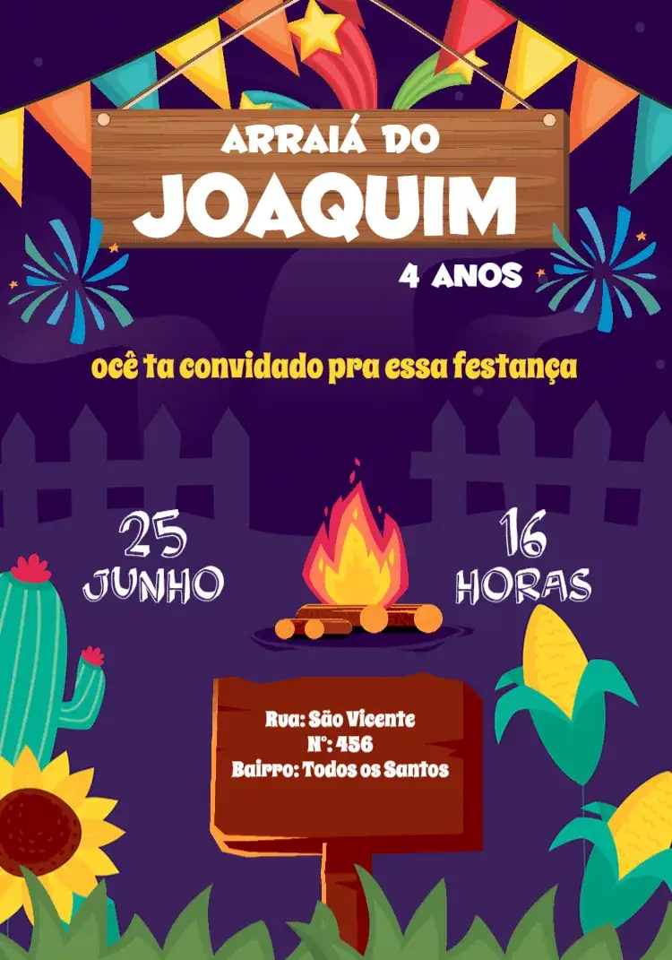 Convite Arraiá Festa Junina Estrelas – tema Datas Comemorativas colorido, festivo, tradicional, vintage, típico, brilhante