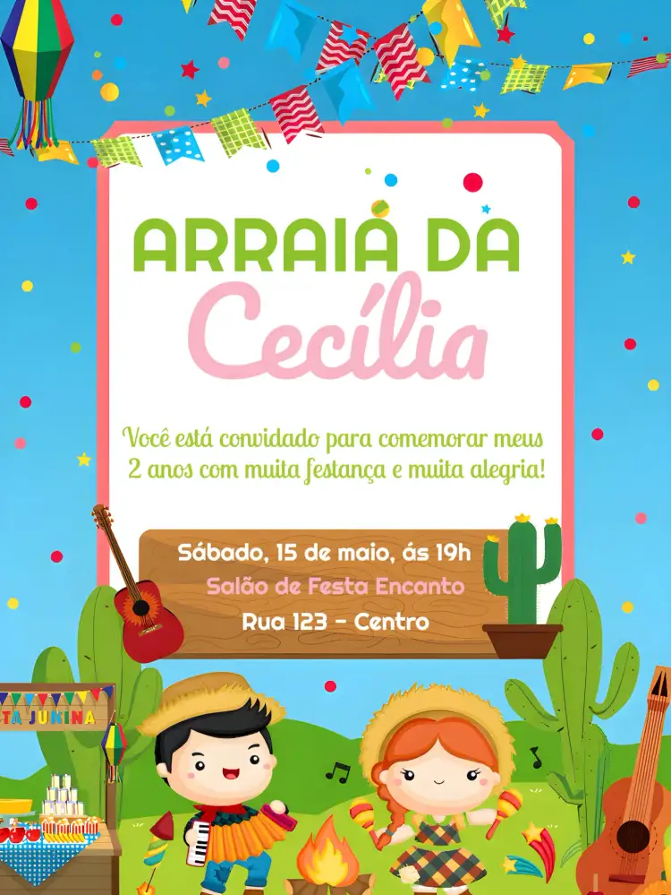 Convite Arraiá Festa Junina Fogueira – tema Datas Comemorativas colorido, vintage, rústico, festivo, alegre, tradicional
