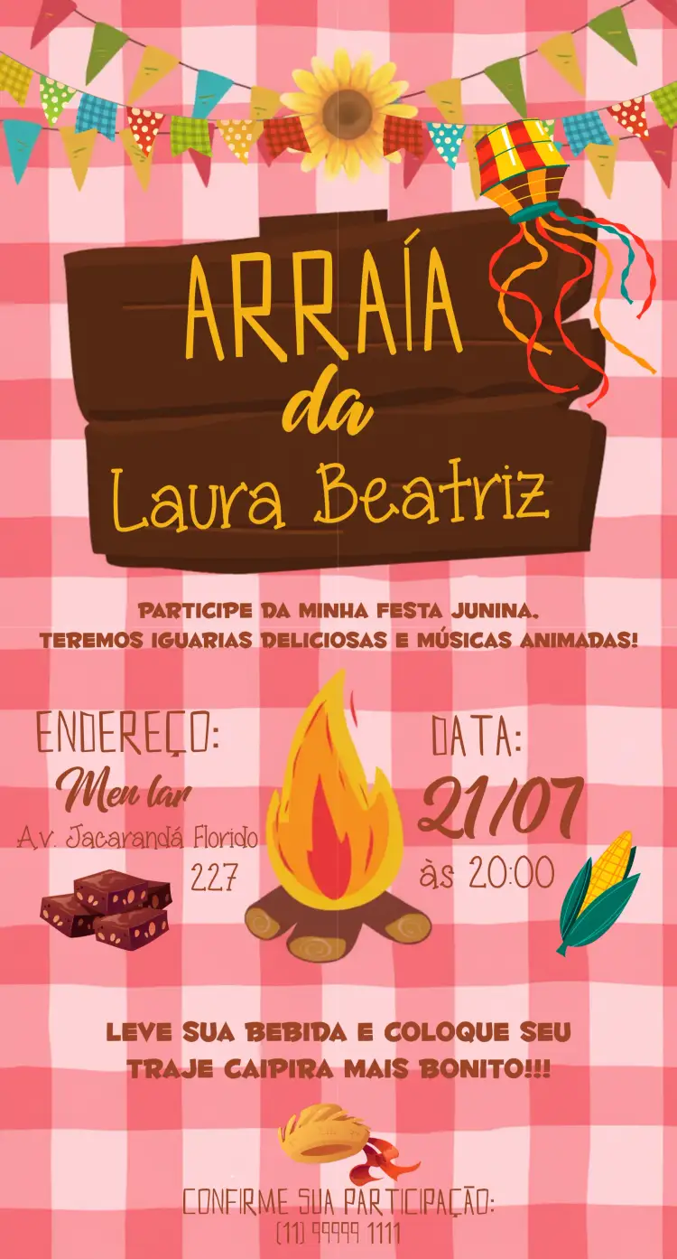 Convite Arraiá Festa Junina Fogueira – tema Datas Comemorativas colorido, rústico, tradicional, vintage, festivo, cultural