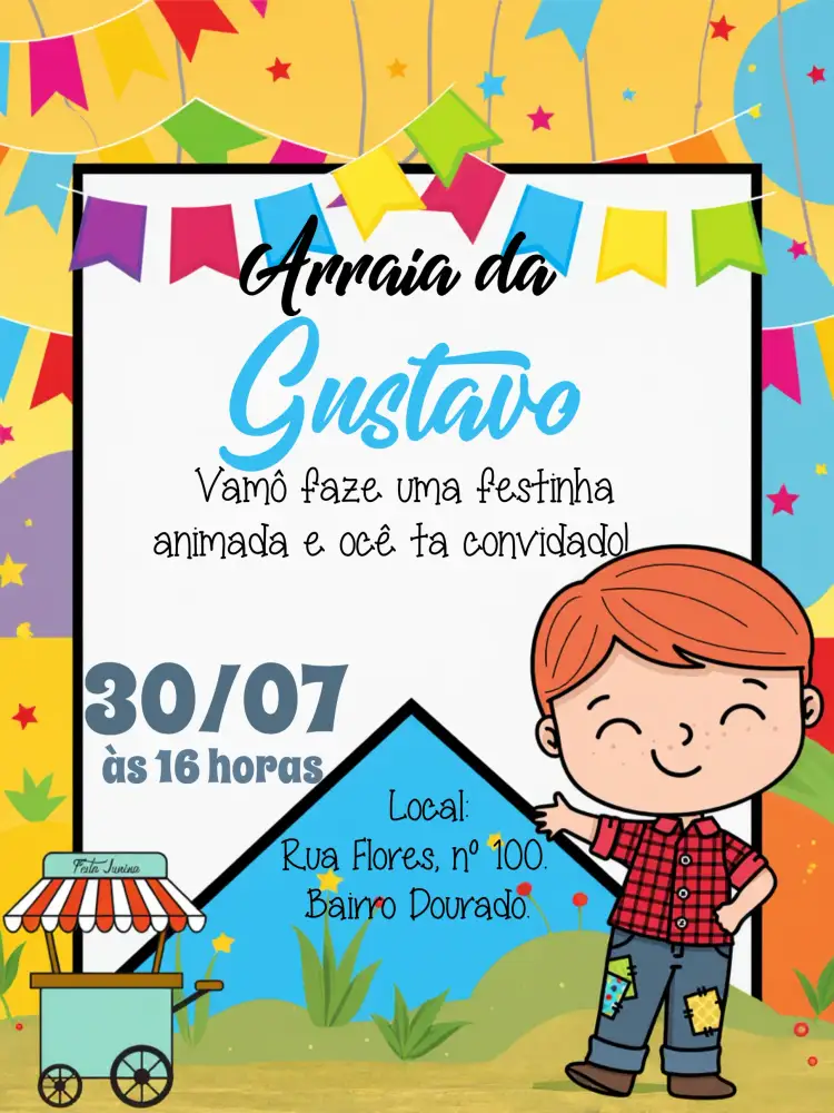 Convite Arraiá Festa Junina João – tema Datas Comemorativas vibrante, colorido, temática junina, festivo, divertido