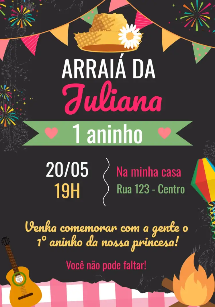 Convite Arraiá Festa Junina João – tema Datas Comemorativas vibrante, colorido, infantil, tradicional, lúdico