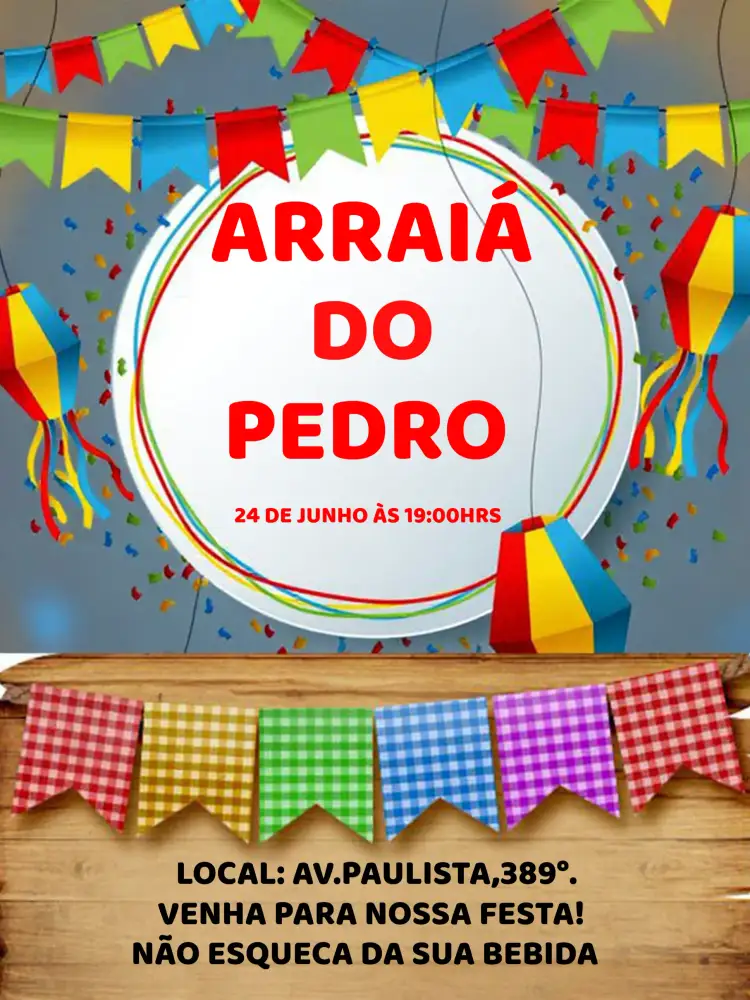 Convite Arraiá Festa Junina João – tema Datas Comemorativas colorido, rústico, tradicional, vintage, festivo, alegre