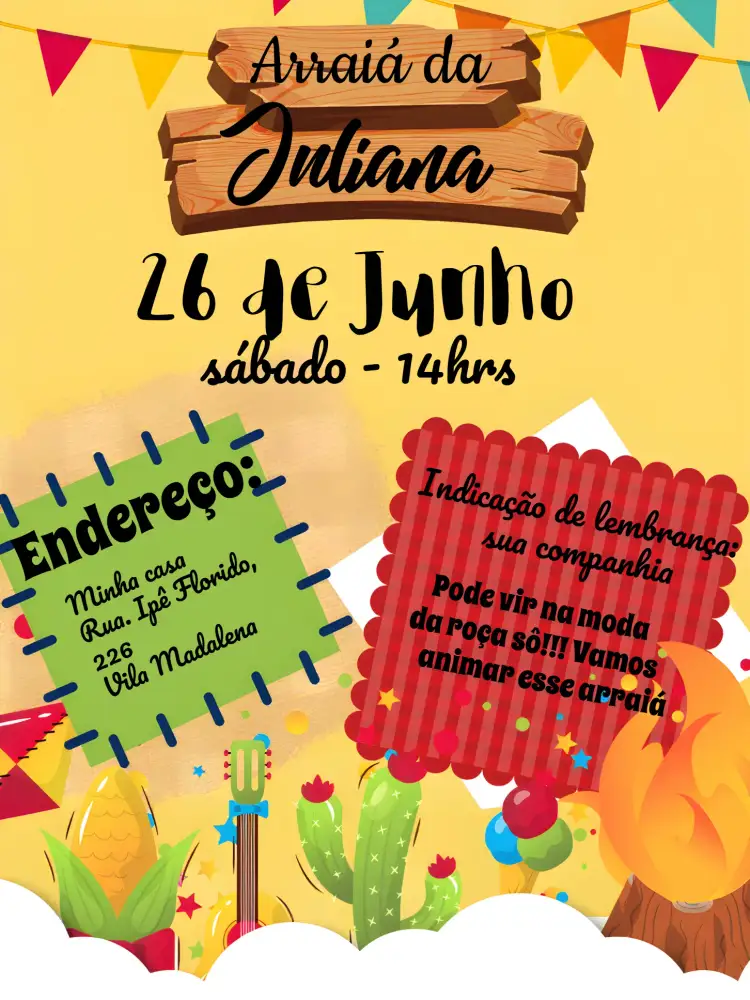 Convite Arraiá Festa Junina Julina – tema Datas Comemorativas colorido, tradicional, festa junina, rústico, animado