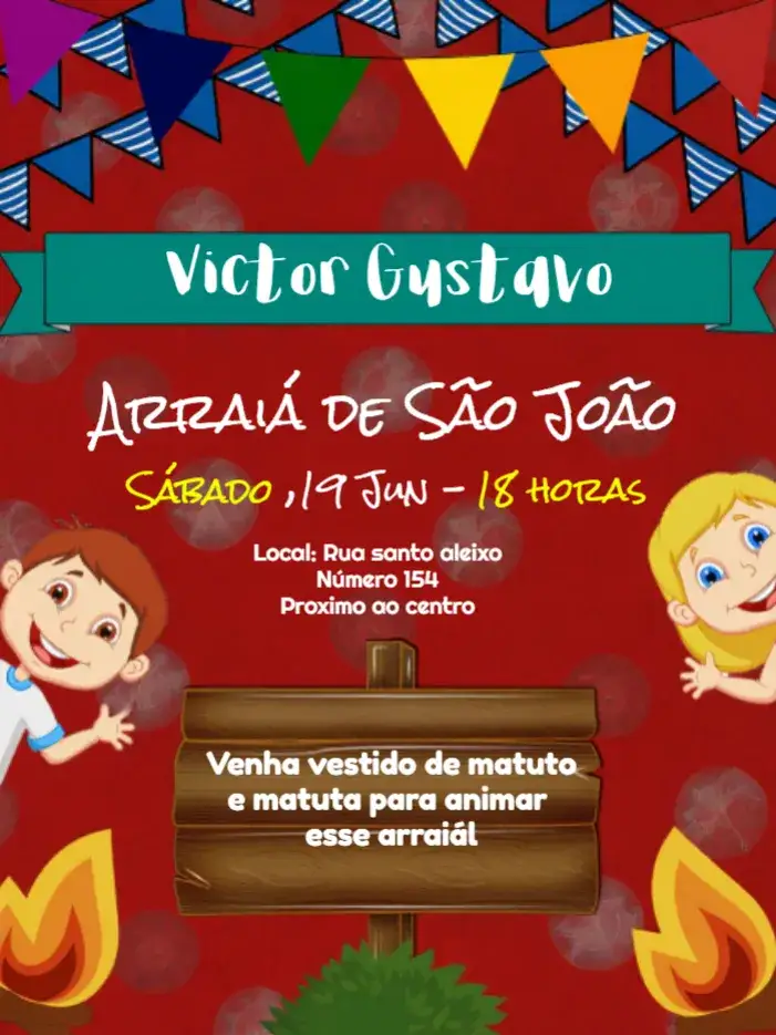 Convite Arraiá Festa Junina Marrom – tema Datas Comemorativas junino, rústico, vintage, colorido, boho