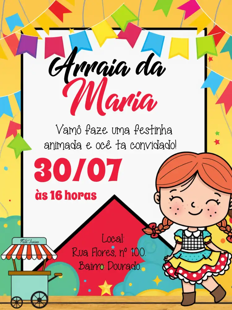 Convite Arraiá Festa Junina Menina – tema Datas Comemorativas colorido, festivo, típico, vibrante, alegre, infantil