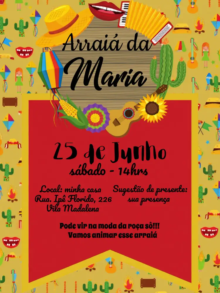 Convite Arraiá Festa Junina Milho – tema Datas Comemorativas colorido, vintage, rústico, caipira, festivo, tradicional