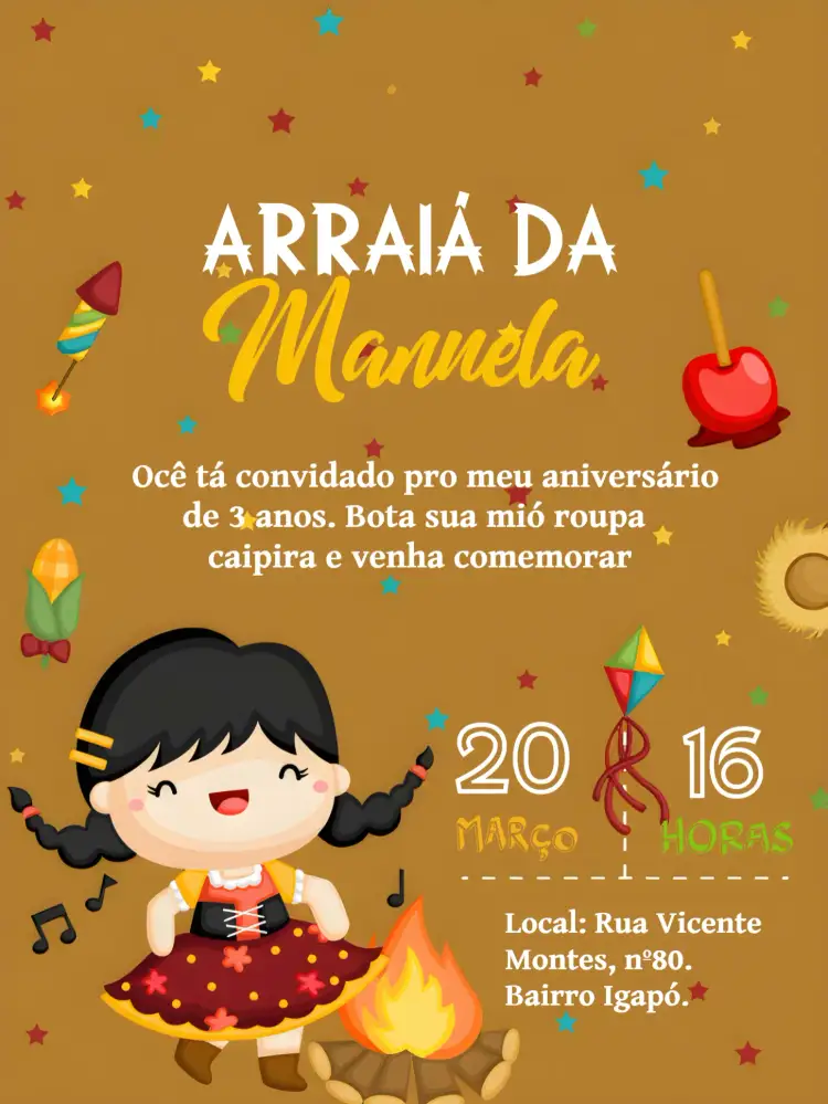 Convite Arraiá Festa Junina Milho – tema Datas Comemorativas junino, colorido, festa caipira, vintage, rústico, brasileiro