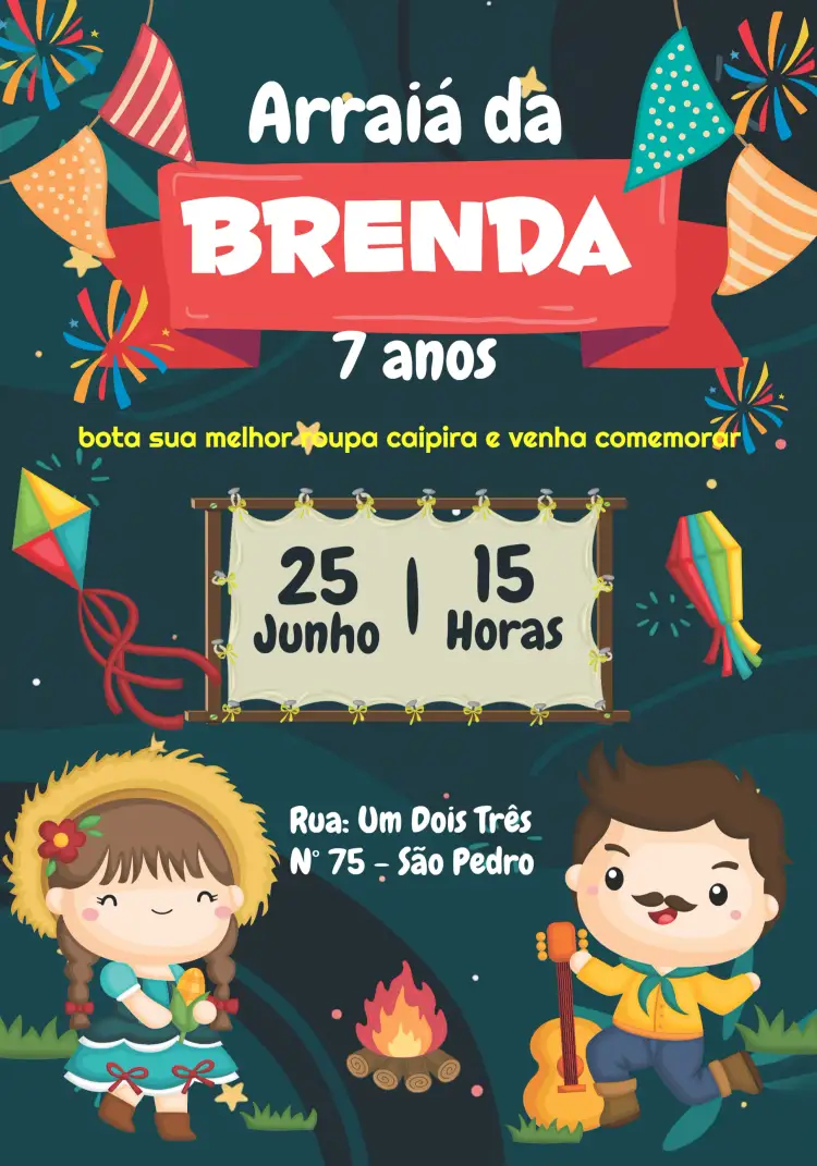 Convite Arraiá Festa Junina Pipa – tema Datas Comemorativas colorido, vibrante, temático, divertido, tradicional, alegre