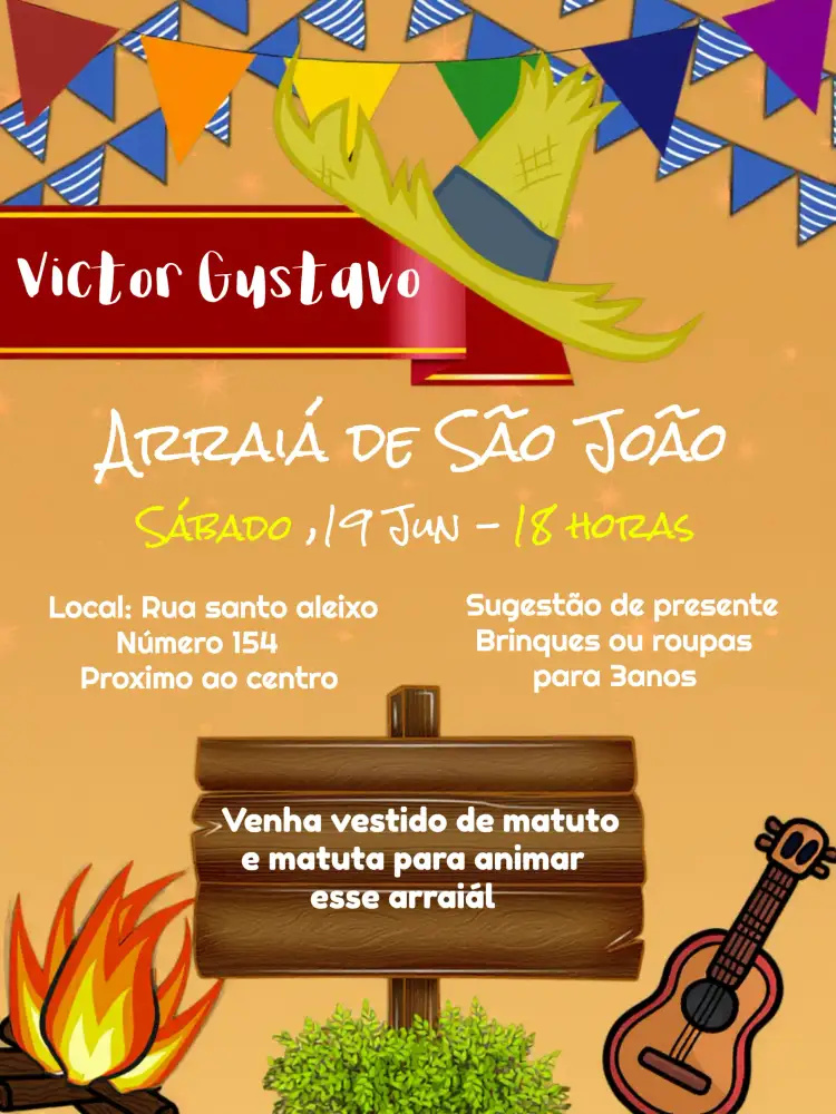 Convite Arraiá Festa Junina Placa – tema Datas Comemorativas vibrante, rústico, tradicional, colorido, festivo