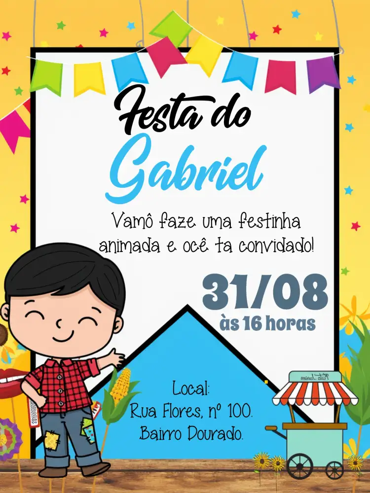 Convite Arraiá Festa Junina Preto – tema Datas Comemorativas junino, colorido, festivo, moderno, tradicional, divertido