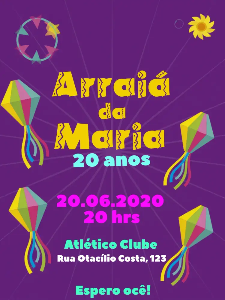 Convite Arraiá Festa Junina Quadrilha – tema Datas Comemorativas colorido, caipira, vintage, tradicional, festa popular, animado