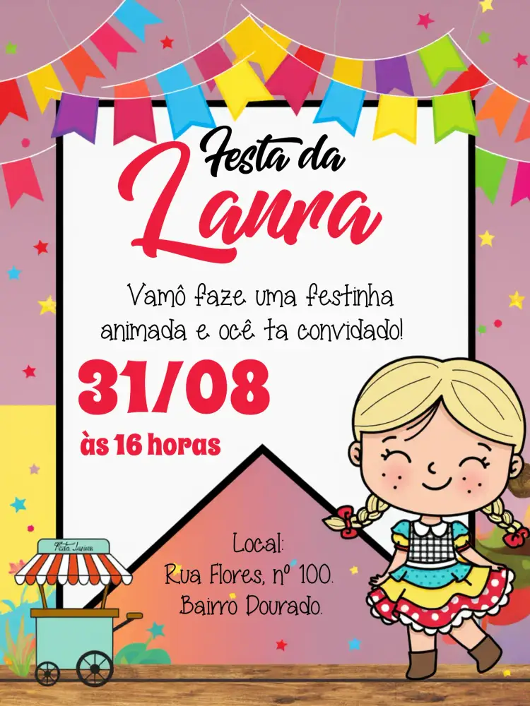 Convite Arraiá Festa Junina São – tema Datas Comemorativas vibrante, junino, colorido, temático, festivo