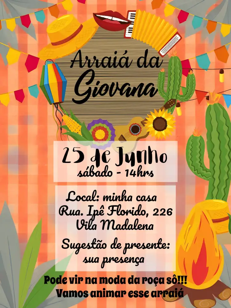 Convite Arraiá Festa Junina Sertanejo – tema Datas Comemorativas colorido, tradicional, sertanejo, caipira, vibrante, festivo