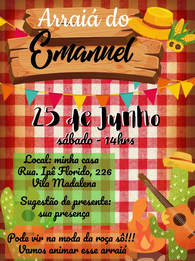 Convite Arraiá Festa Junina Sertanejo – tema Datas Comemorativas colorido, sertanejo, tradicional, caipira, vintage, festivo