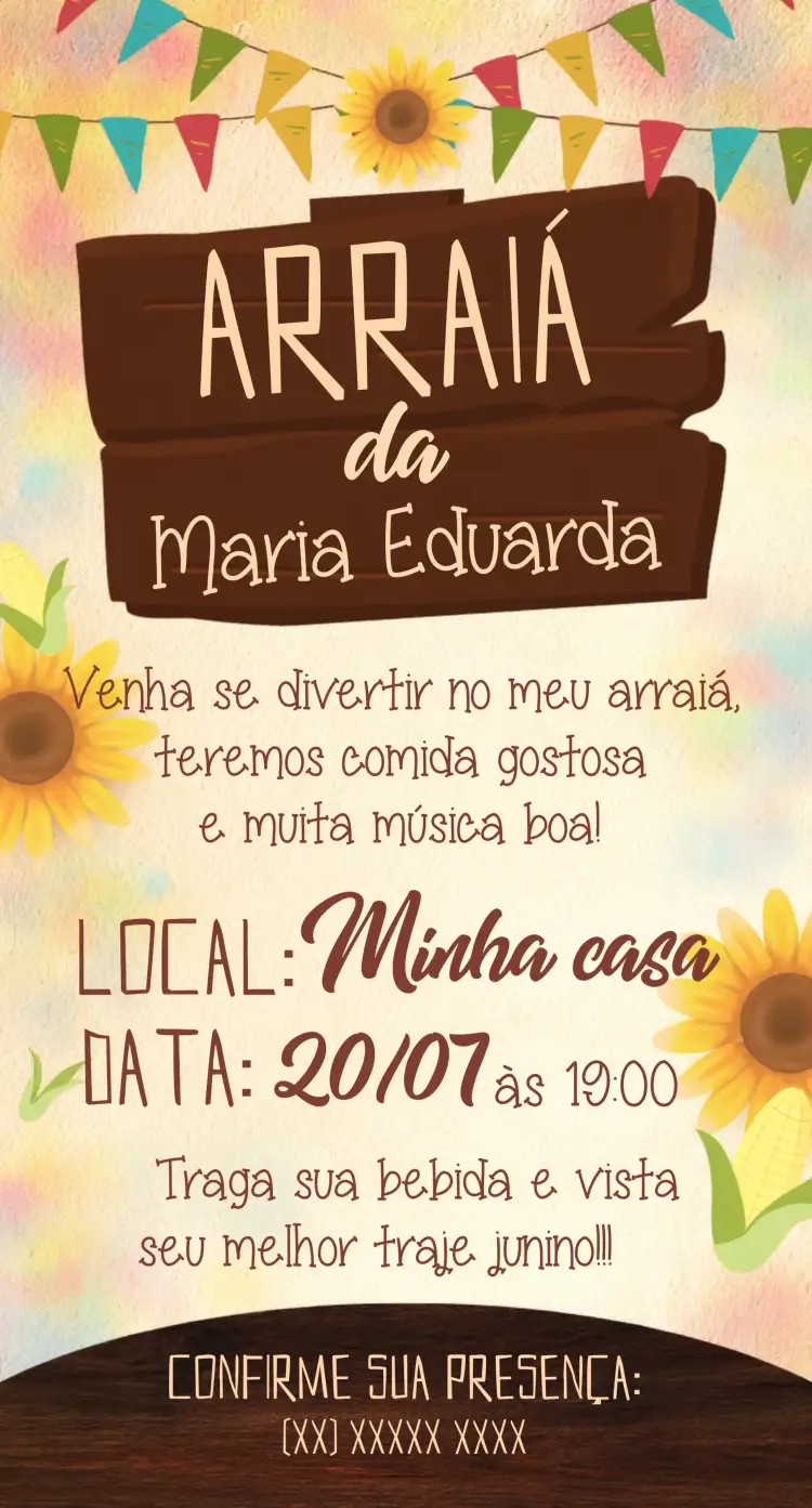 Convite Arraiá Festa Junina Tipicas – tema Datas Comemorativas colorido, tradicional, vintage, rústico, festivo, brincalhão