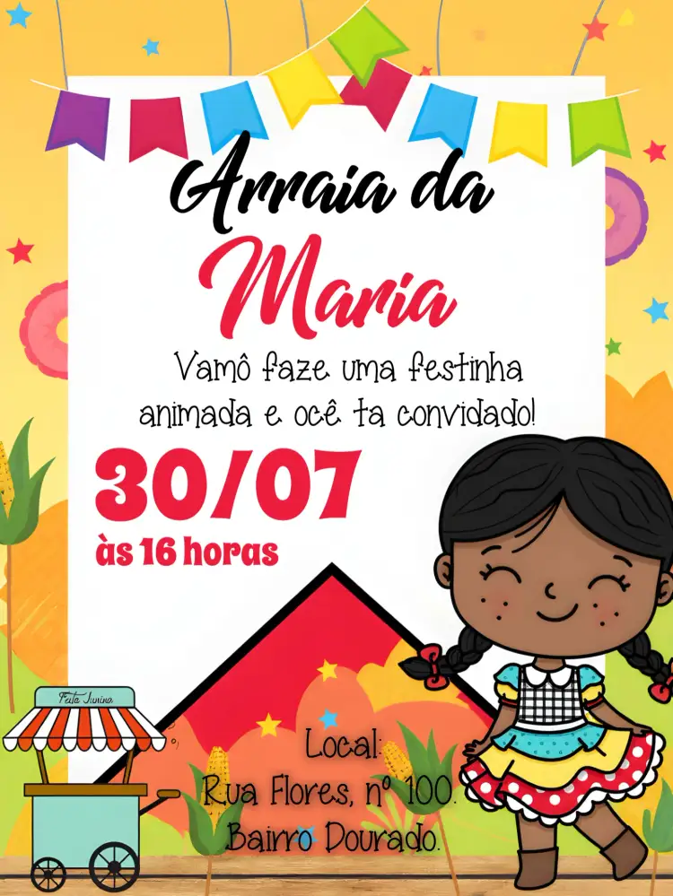 Convite Arraiá Festa Junina Vermelho – tema Datas Comemorativas vermelho vibrante, estilo junino, bandeirinhas, elementos gráficos festivos, cores quentes, design alegre