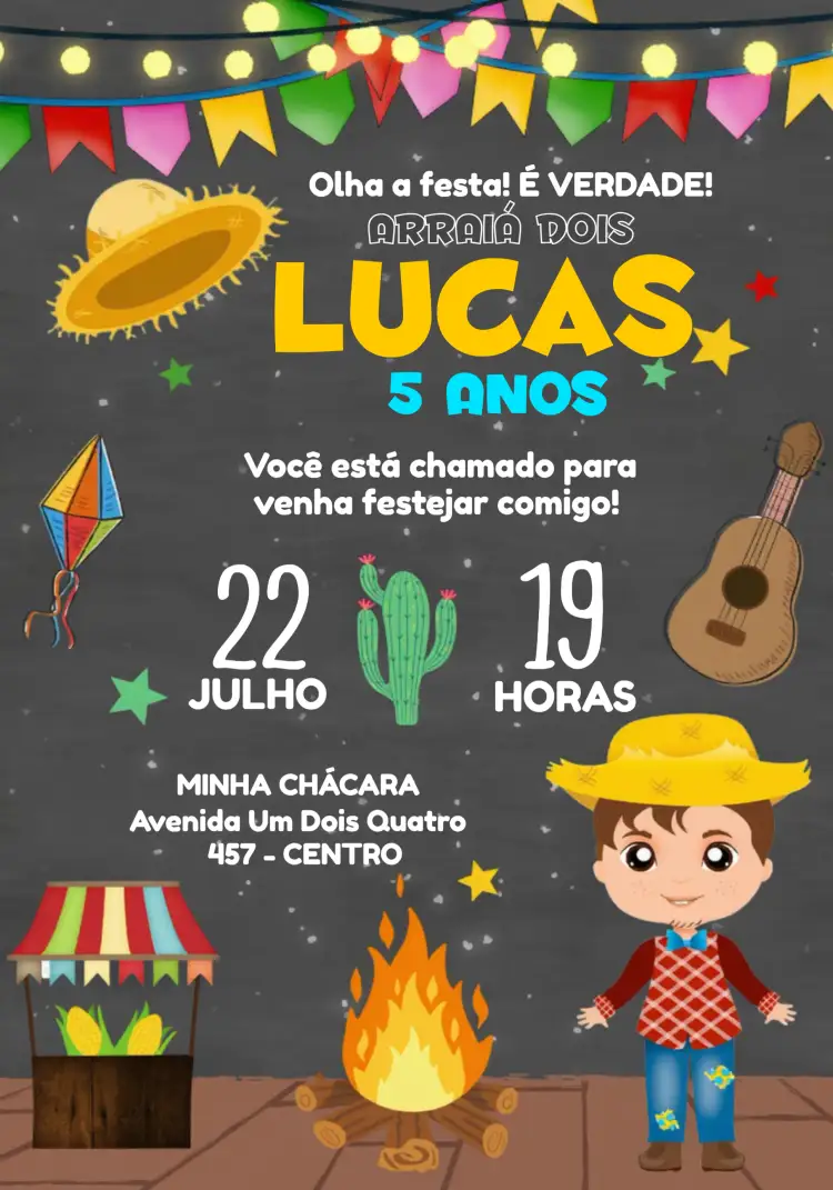 Convite Arraiá João – tema Datas Comemorativas junino, colorido, divertido, rústico, infantil, festivo