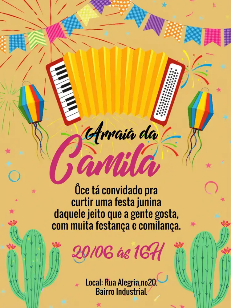 Convite Arraiá Laranja – tema Datas Comemorativas junino, colorido, vibrante, moderno, festivo