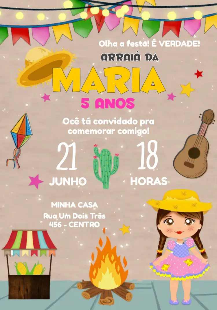 Convite Arraiá Menina – tema Datas Comemorativas rosa, junino, vibrante, divertido, folclórico, colorido