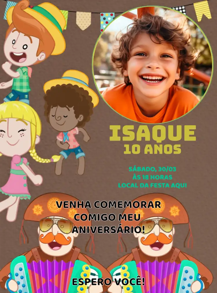 Convite Arraiá Mundo Bita Com Foto Fogueira – tema Datas Comemorativas colorido, divertido, junino, infantil, animado