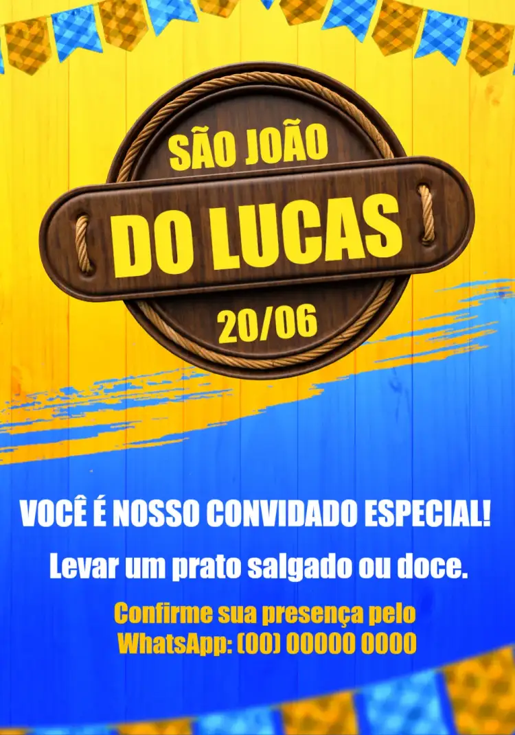 Convite Arraiá Placa – tema Datas Comemorativas junino, colorido, rústico, festivo, tradicional