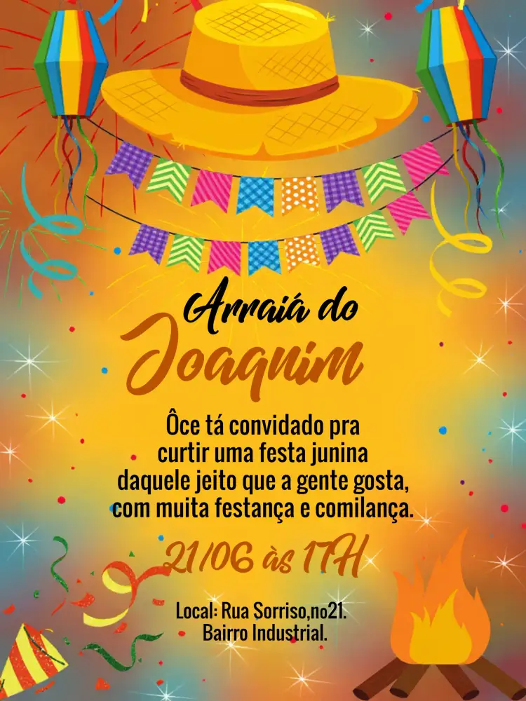Convite Arraiá Preto – tema Datas Comemorativas festivo, colorido, moderno, temático, vibrante, tradicional
