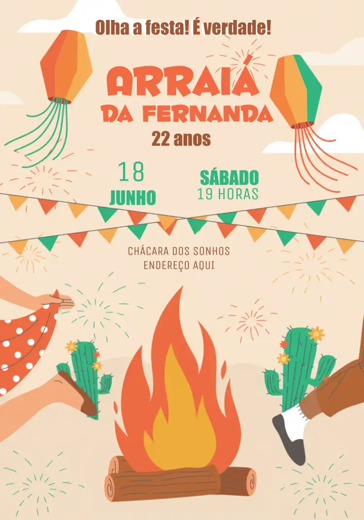 Convite Arraiá São – tema Datas Comemorativas junino, caipira, colorido, festivo, rústico