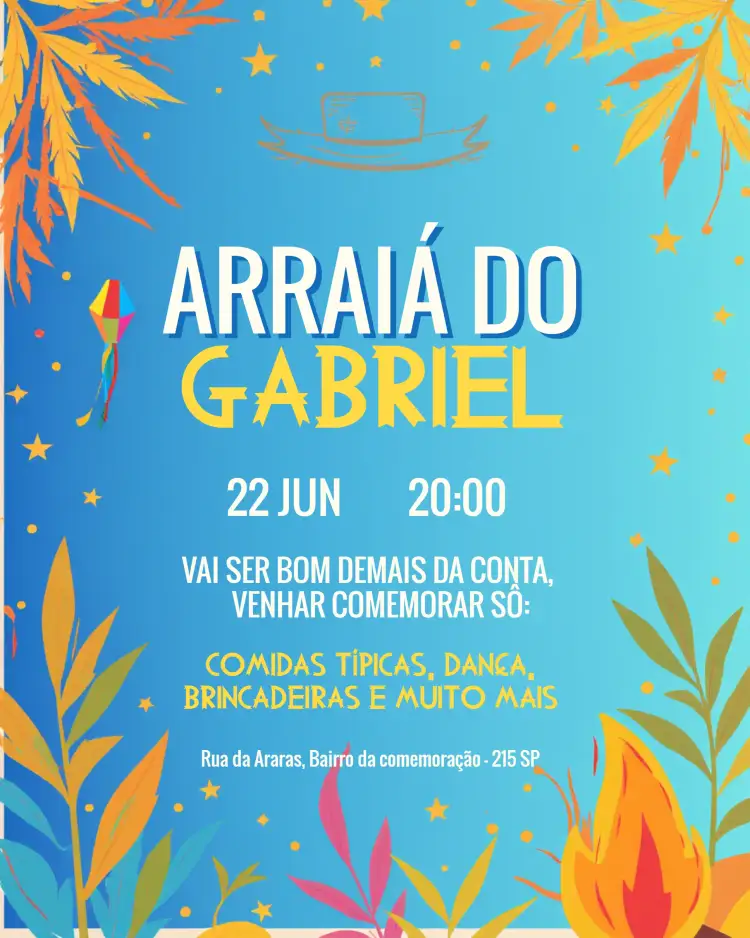 Convite Arraiá São João Azul – tema Datas Comemorativas colorido, vibrante, festa junina, rústico, divertido, tradicional