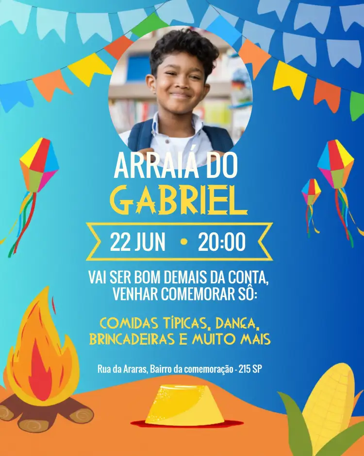 Convite Arraiá São João Com Foto Balões – tema Datas Comemorativas colorido, festivo, junino, vibrante, alegre, temático