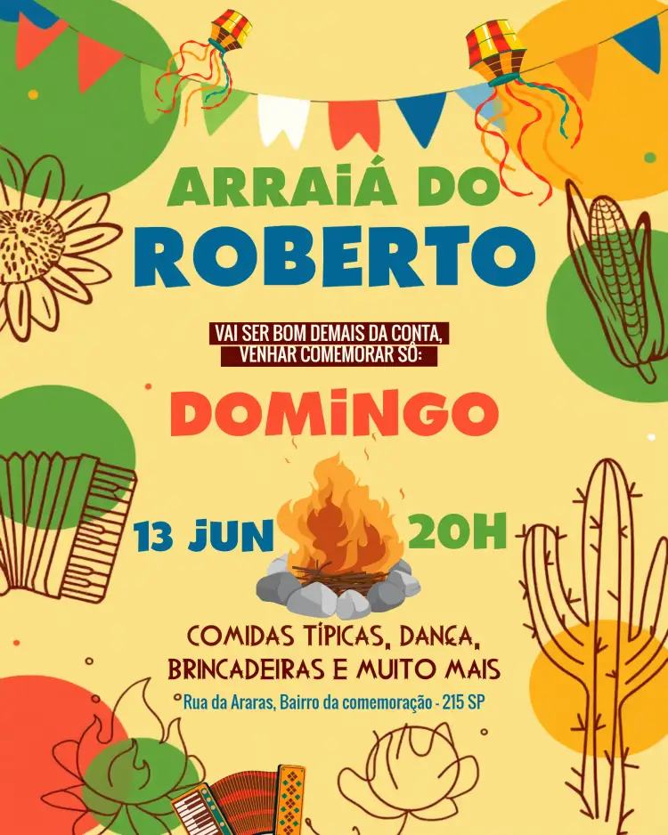 Convite Arraiá São João Laranja – tema Datas Comemorativas vibrante, colorido, tradicional, festivo, nordestino, alegre