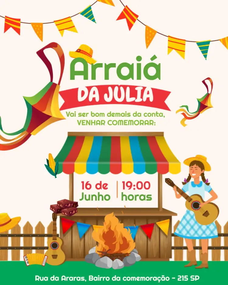 Convite Arraiá São João Laranja – tema Datas Comemorativas festivo, vibrante, colorido, tradicional, junino, divertido