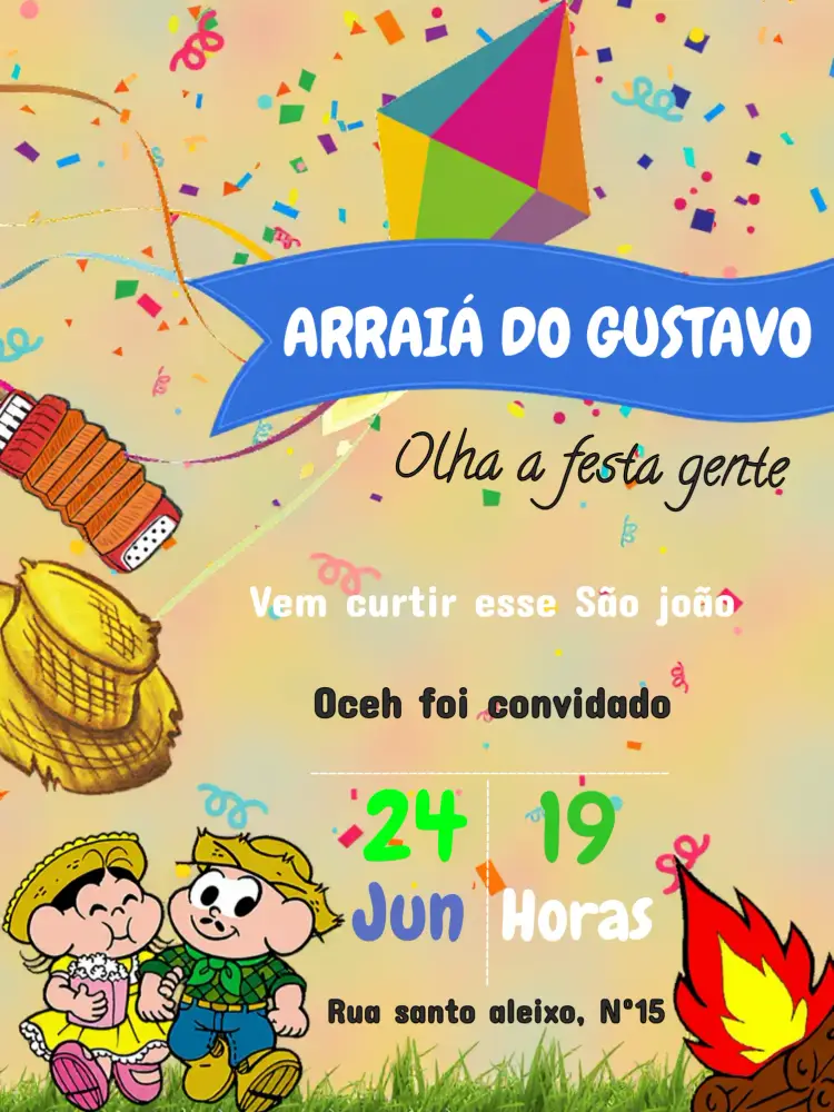 Convite Arraiá Turma Da Mônica Amarelo editável e personalizável