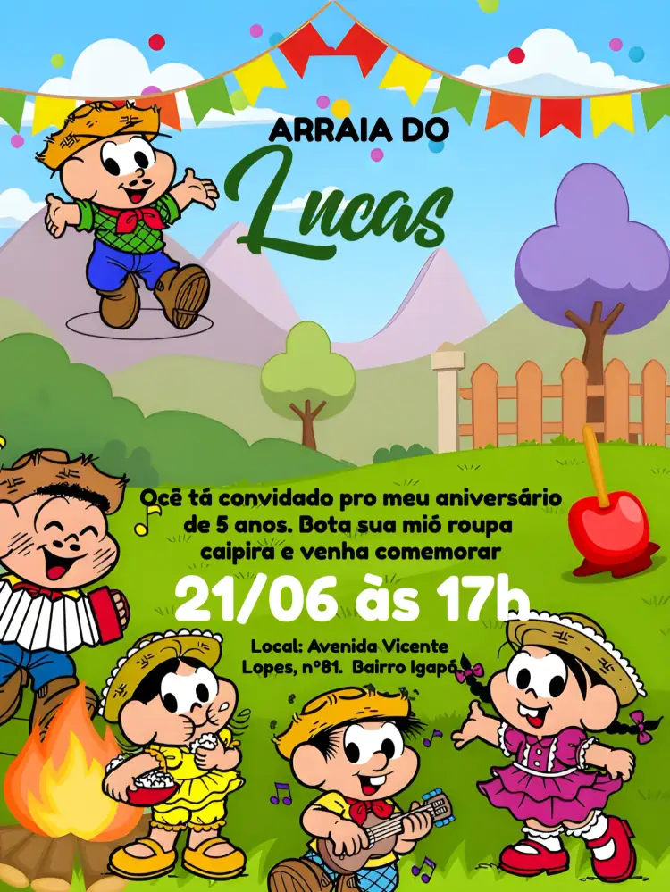 Convite Arraiá Turma Da Mônica Arraia – tema Aniversário Infantil colorido, divertido, temático, infantil, junino