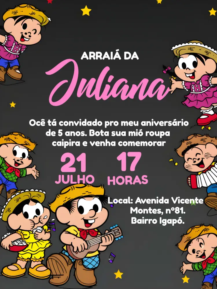 Convite Arraiá Turma Da Mônica Desenho editável e personalizável