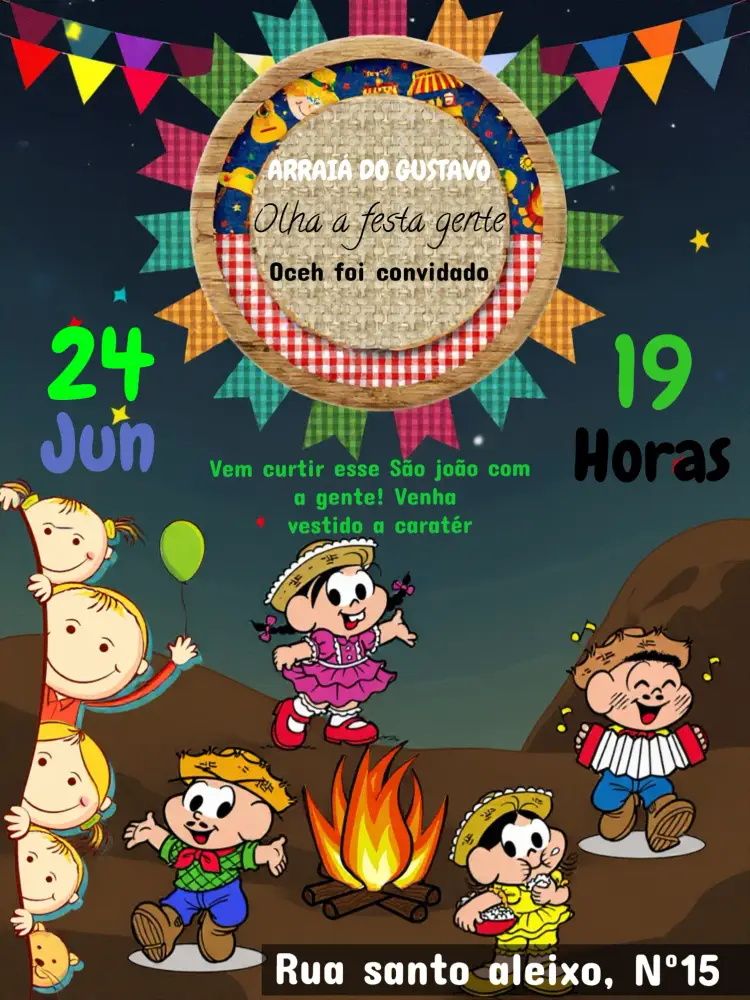 Convite Arraiá Turma Da Mônica Junina editável e personalizável