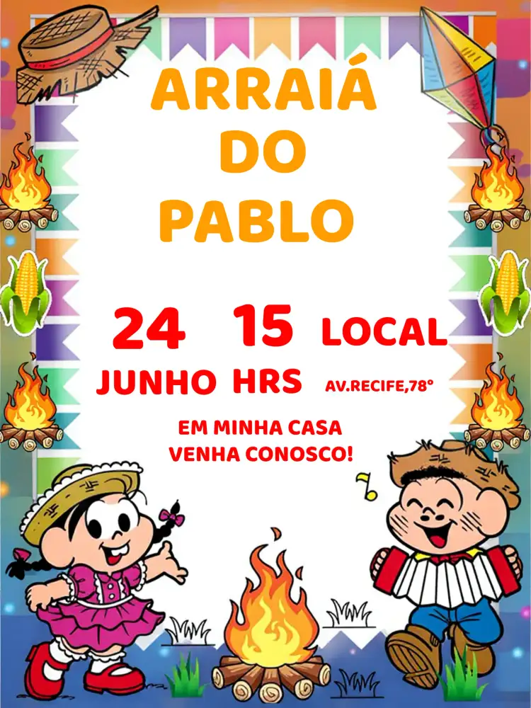 Convite Arraiá Turma Da Mônica Monica – tema Aniversário Infantil colorido, divertido, junino, infantil, temático